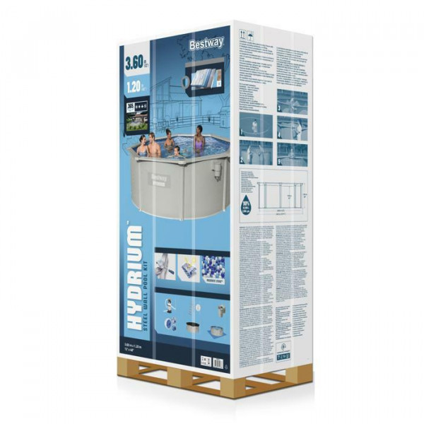 Стальной бассейн Bestway Hydrium 360х120см, 10990л, песч.фил.-нас. 3028л/ч, лестн., тент, подст., попл.-доз