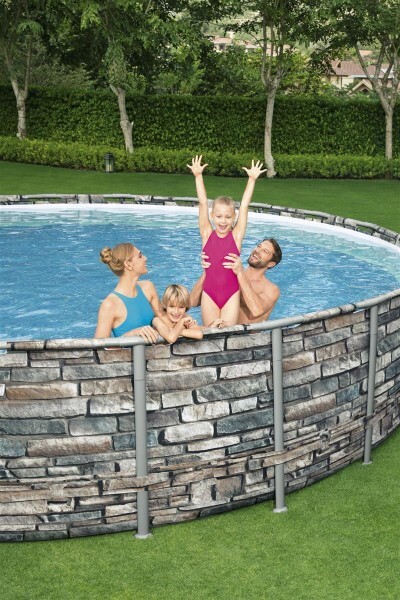 Каркасный бассейн Bestway Power Steel 671x132см "Камень" 40377л, фил.-нас. 9463л/ч, лестн., тент, попл.-доз (56889 BW)