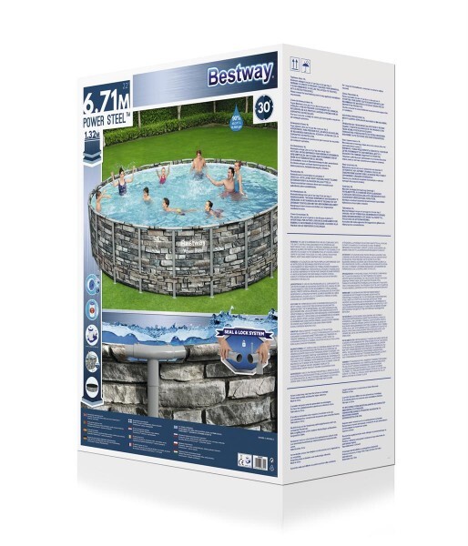 Каркасный бассейн Bestway Power Steel 671x132см "Камень" 40377л, фил.-нас. 9463л/ч, лестн., тент, попл.-доз (56889 BW)