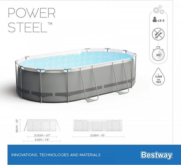 Каркасный бассейн Bestway Power Steel 305х200х84см, 3668л, фил.-насос 1249л/ч, попл.-дозатор (5614A BW)