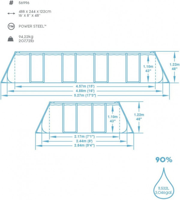 Каркасный бассейн Bestway Power Steel 488х244х122см, 11532л, фил.-насос 3028л/ч, лестница, тент, попл.-доз (56996 BW)