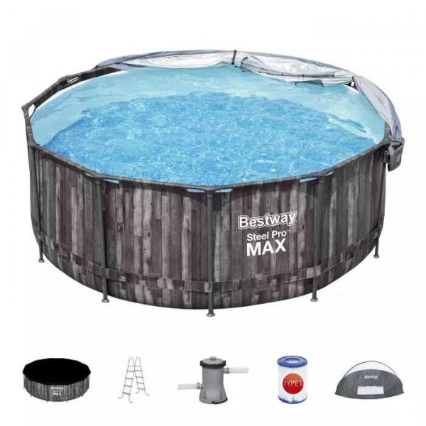 Каркасный бассейн Bestway Steel Pro Max 366х122см, 10250л, с навесом, фил.-насос 2006л/ч, лестница, тент